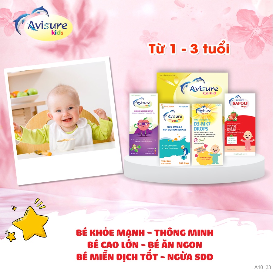 Bộ sản phẩm Avisure bổ sung vi chất toàn diện cho bé D3 mk7 drops DHA smart kid Safoli drops Avisure muno Calkid