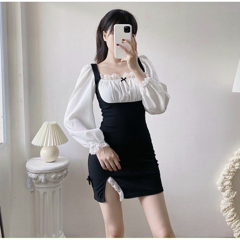 ĐẦM ĐEN PHỐI REN TRẮNG NGỰC VÀ CỔ TAY XẺ ĐÙI SANG CHẢNH - BUNNY DRESS