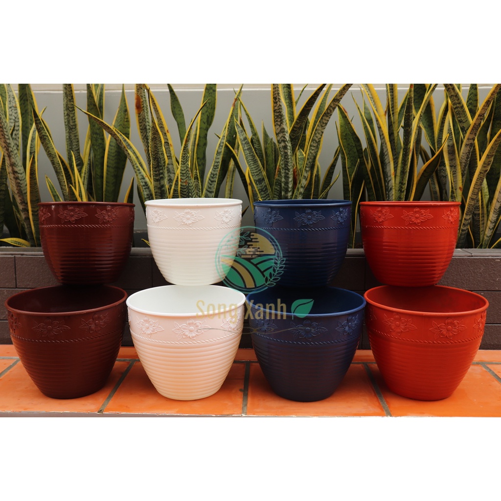 Chậu Nhựa Trồng Cây Họa Tiết Hoa Mai, Nhựa Dẻo loại 1, Sẵn lỗ thoát nước.
