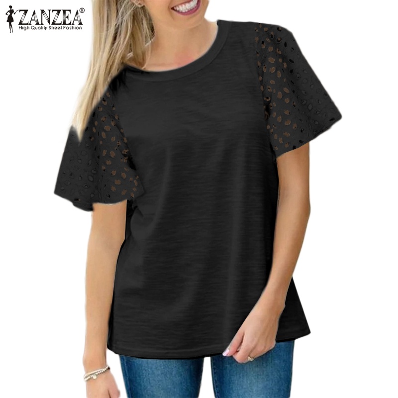 Áo thun dệt kim phối ren ZANZEA màu trơn dáng rộng thời trang đường phố châu Âu cho nữ