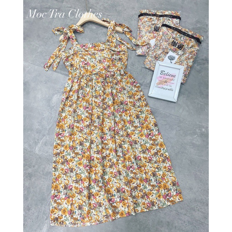 Đầm hoa xinh JANII DRESS trẻ trung dáng maxi dài tiểu thư, Váy hai dây hoa xoè đi biển đi dạo