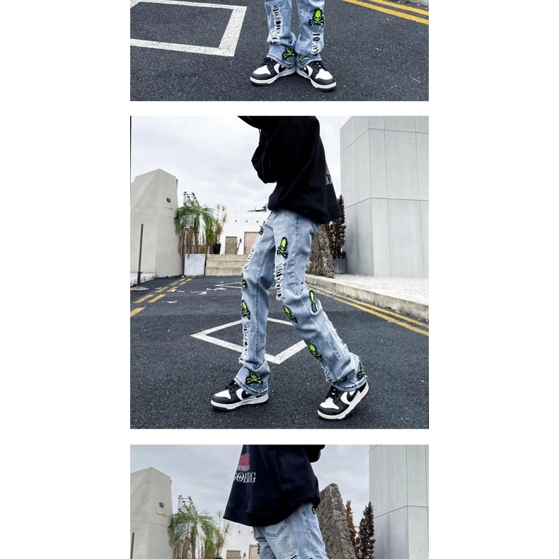 Quần jeans dài thêu họa tiết đầu lâu cá tính cho nam và nữ
