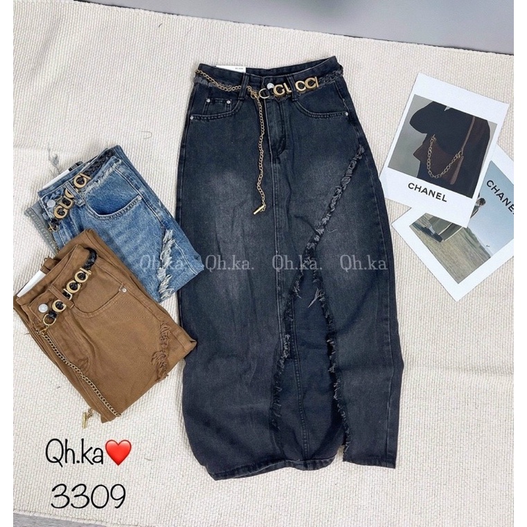 CHÂN VÁY BÒ DÀI XẺ RÁCH KÈM BELT XÍCH GG HÀNG QCL1 MS30017