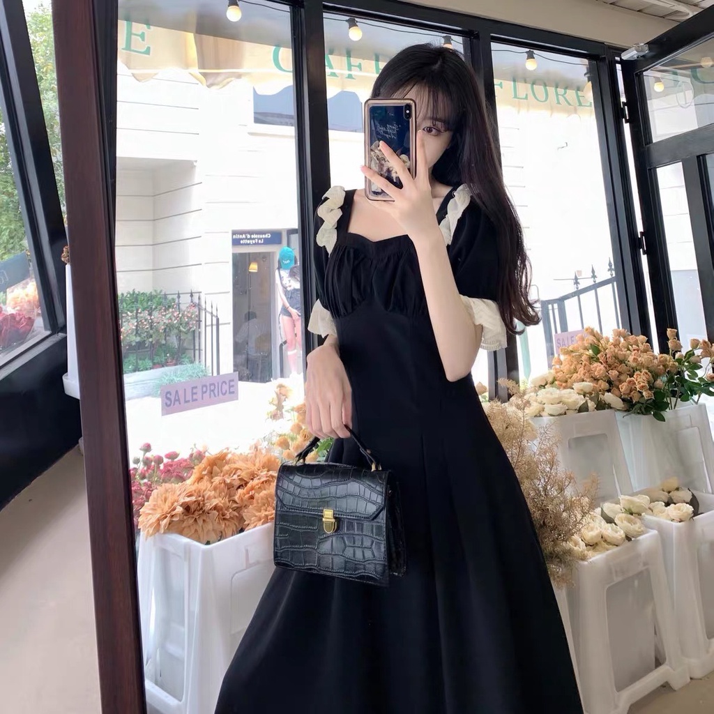 Váy nữ dáng dài vai và tay phối ren thời trang - GUEM Clothes