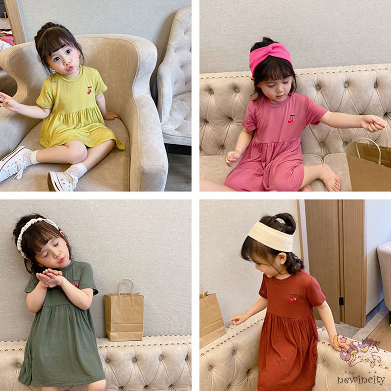 Đầm Ngắn Tay In Hình Quả Cherry Cho Bé Gái