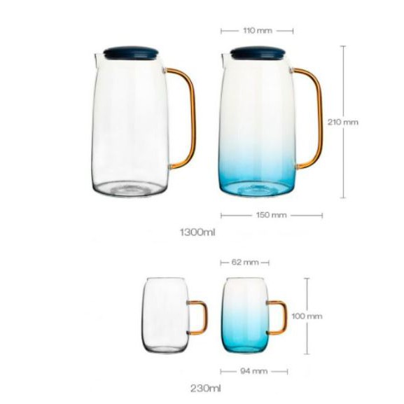 Bình Nước Thủy Tinh vân xanh chịu nhiệt1400ml, 4 Ly 230ml