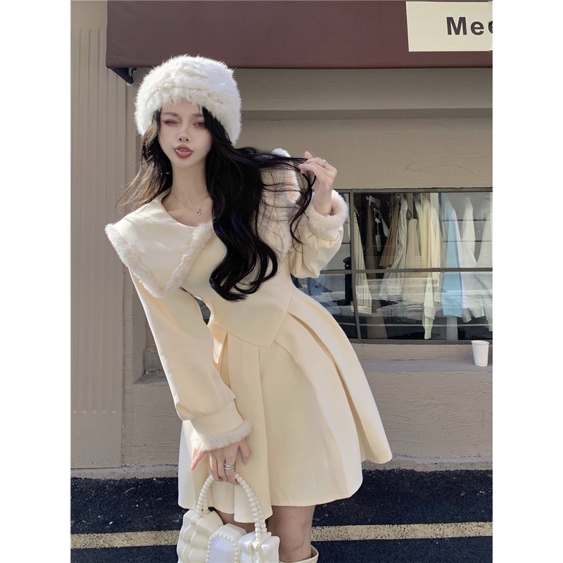 Đầm kem trắng sữa tay dài thủy thủy phối lông bông noel giáng sinh xòe công chúa eo thon ulzzang