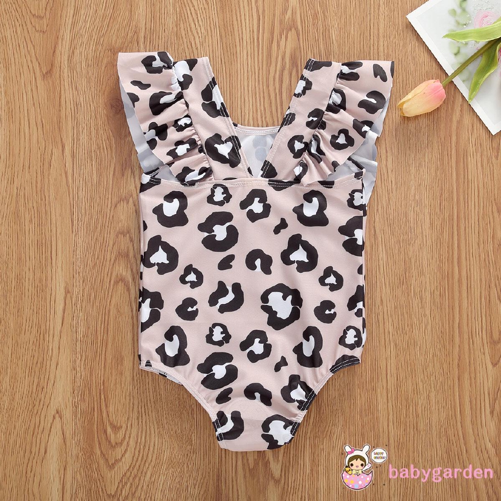 ღ♛ღbaby girls one-piece swimsuit leopard pattern backless V-neck lotus leaf swimsuit
