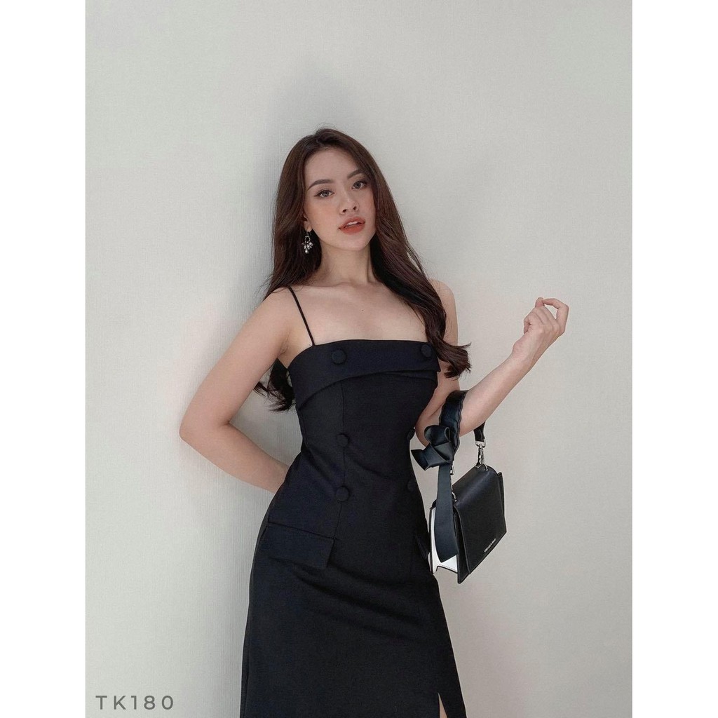Đầm Hai Dây Xẻ Tà Nút Bọc Màu Đen