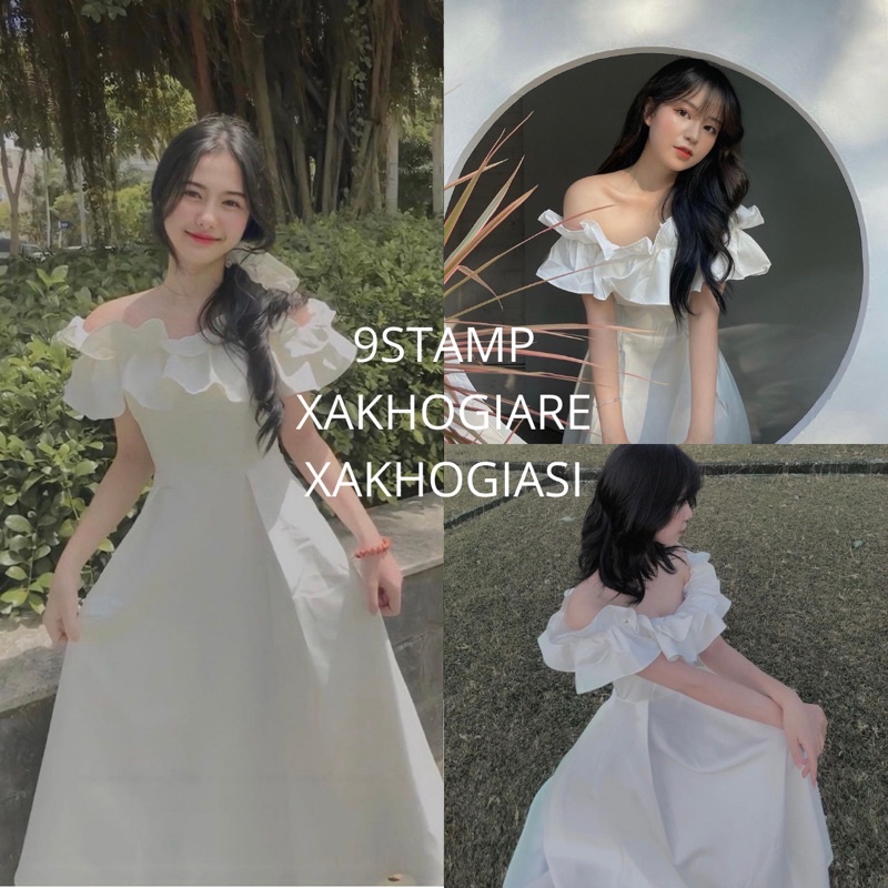 (CLIP THẬT) Đầm trễ vai bèo trắng dáng dài ASU