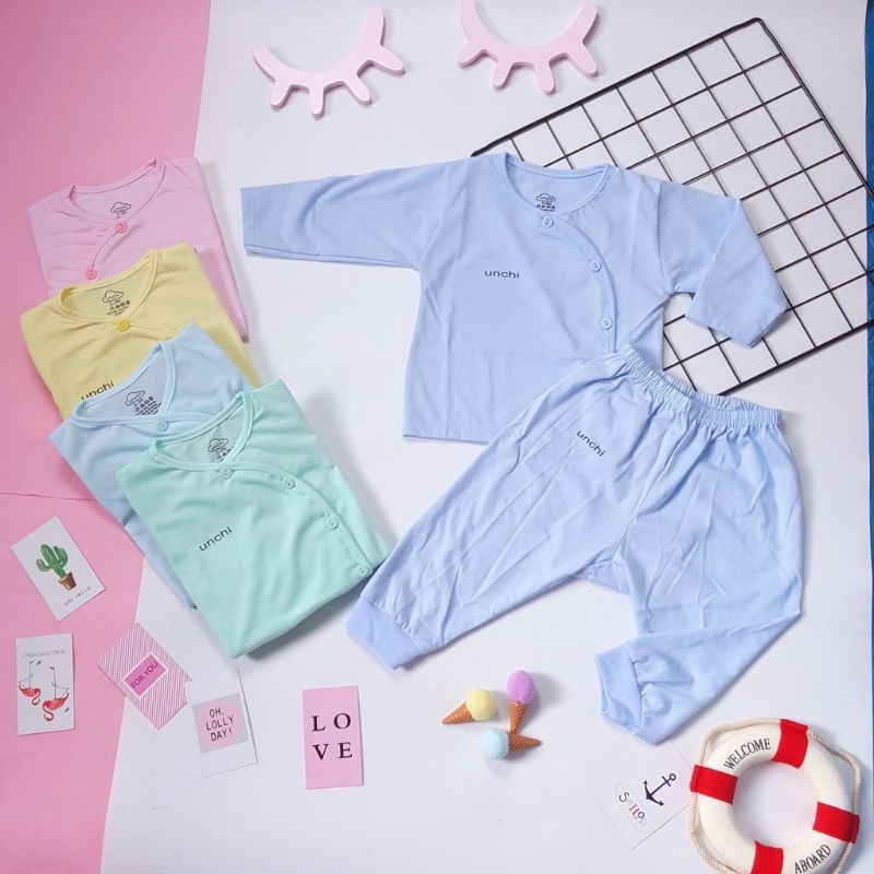 Bộ Quần Áo Dài Sơ Sinh Leelee Kid Cúc Lệch, Vải Cotton Màu Trơn