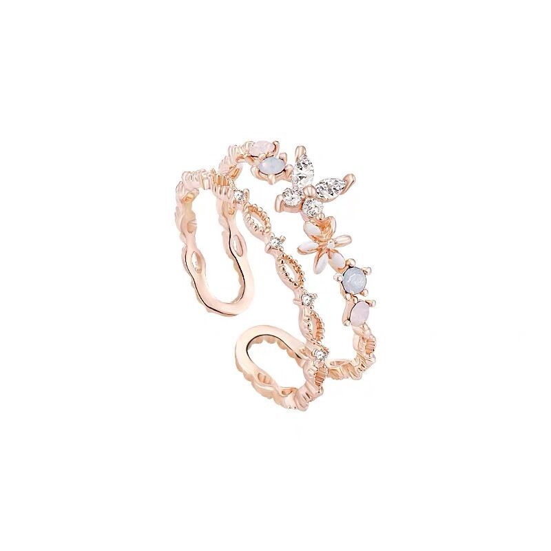 Nhẫn hở hai lớp màu vàng hồng hình bông hoa đính đá zircon thời trang cá tính cho nữ