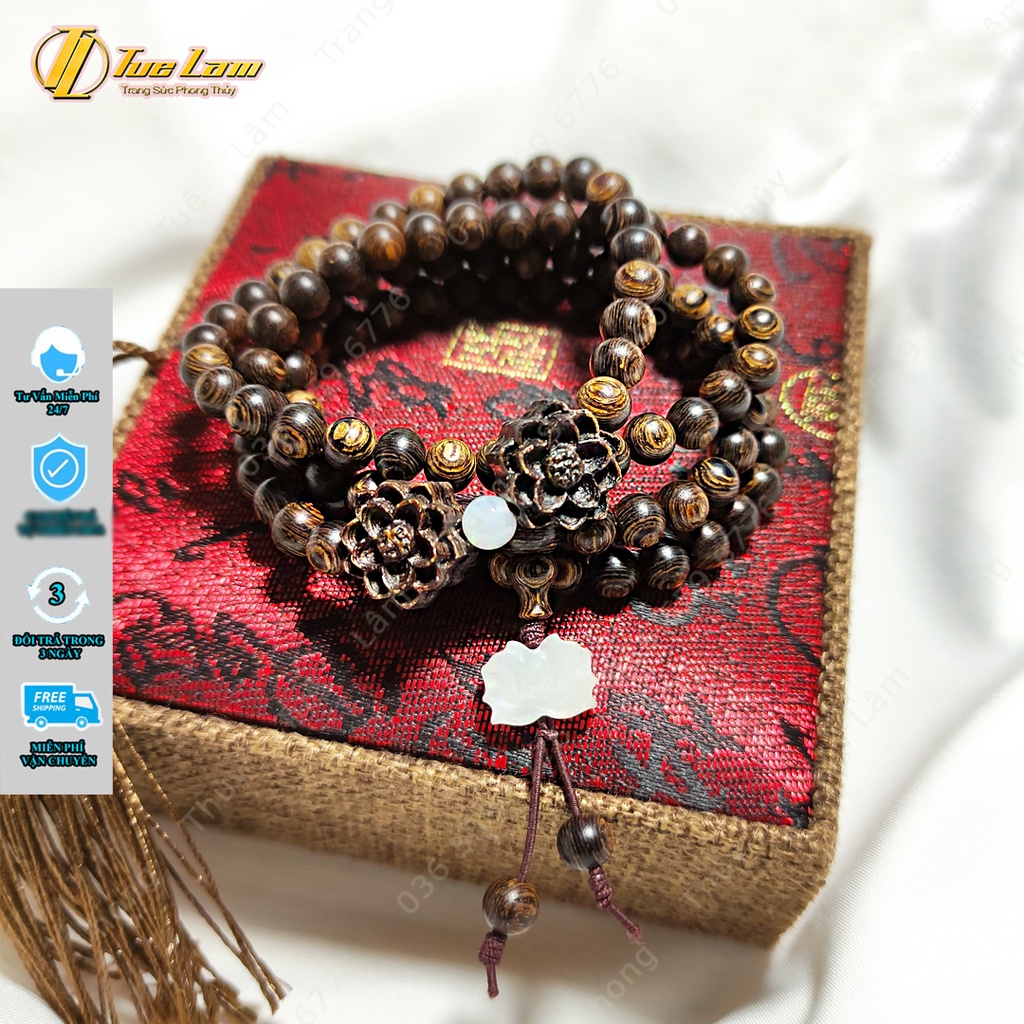 Vòng Tay Trầm Hương Sánh Chìm Chuỗi 108 Hạt Size 6 Li Mix Hoa Sen Bình An May Mắn - Tuệ Lâm