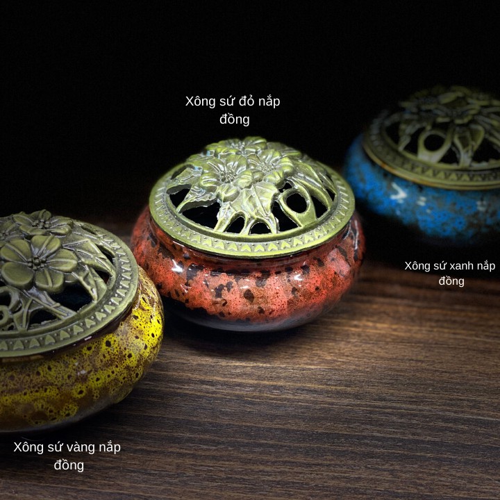 Lư Xông Trầm Sứ Nắp Đồng_Tặng Kèm Nụ Trầm Viên_Xông Nụ, Khoanh Trầm_Cao 4cm_Đường Kính 7cm_Vàng