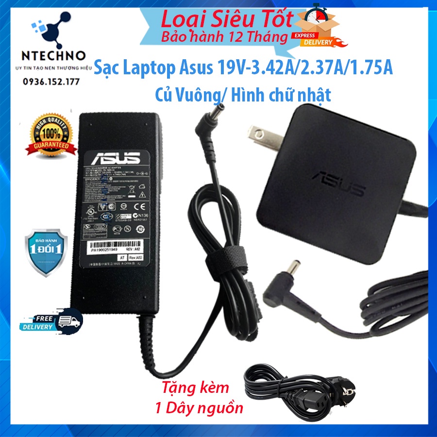 Sạc Laptop Asus 19v-3.42a/2.37a/1.75a - Sạc Asus chân to/chân nhỏ- Củ Vuông/Hình chữ nhật - Loại tốt-Tặng kèm dây nguồn