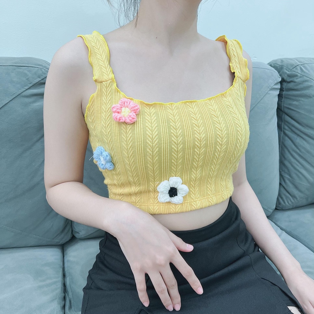 Áo Croptop 2 Dây To alohashop91 Dáng Ôm Body Đính Hoa Len Móc