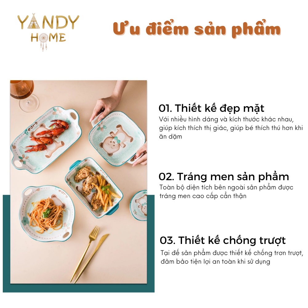 Bát đĩa tô chén gốm sứ YANDY HOME BB09 họa tiết gấu xanh 10 chi tiết men sáng bóng