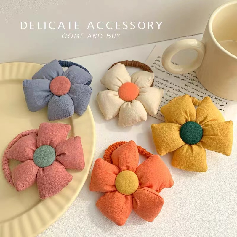 Dây Cột Tóc Cao Su Co Giãn Bọc Vải Cotton Họa Tiết Hoa Hướng Dương Dễ Thương Phong Cách Hàn Quốc Cho Bé Gái
