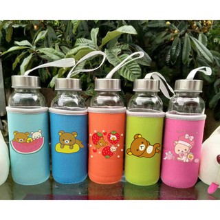 Bình nước gấu rilakkuma thuỷ tinh có dây xách BNVI12 chai nước hoạt hình bọc vải cute dễ thương 350ml