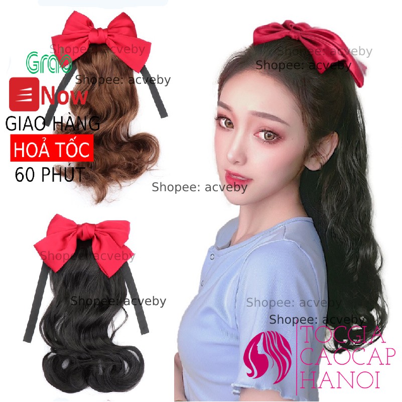 Tóc cột nơ xoăn dài, trẻ trung xinh xắn