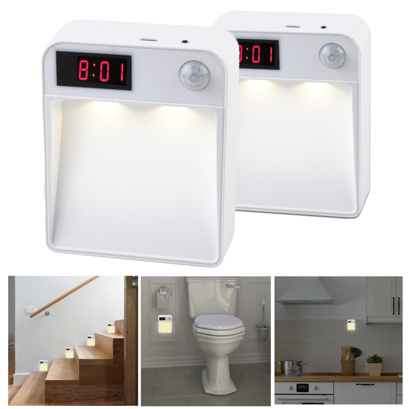 Đèn Led Cảm Biến Chuyển Động Không Dây Pir Kèm Đồng Hồ Treo Tường / Cầu Thang / Tủ Quần Áo