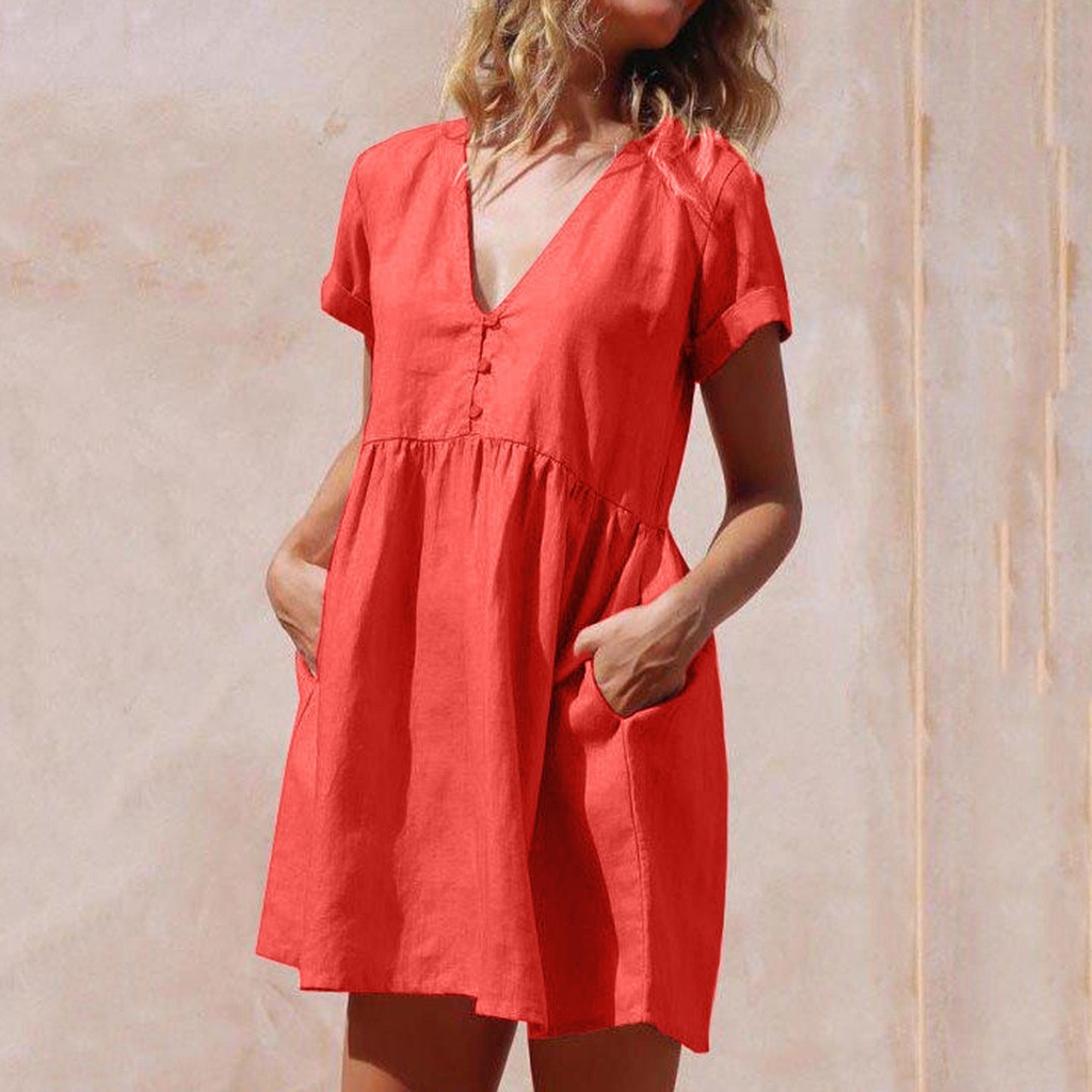 Sale 69% Đầm cotton lanh ngắn tay thời trang mùa hè cho nữ, Red_M Giá gốc 239000đ- 118B24-3