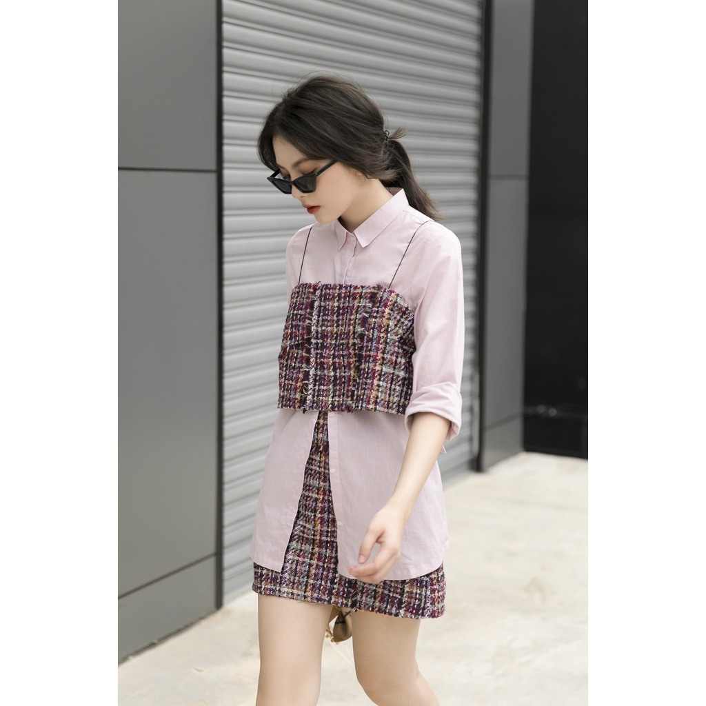Set áo sơ mi dài, áo crop bên ngoài + chân váy [XN5]