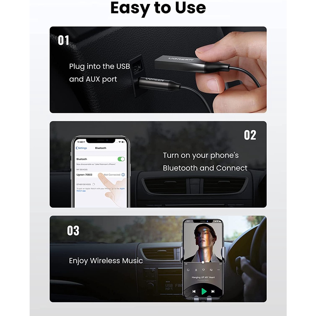 Bộ thu Bluetooth 5.0 UGREEN CM309 70603 - Bluetooth 5.0, dây lò xo tiện lợi, chống rối - Vỏ hợp kim