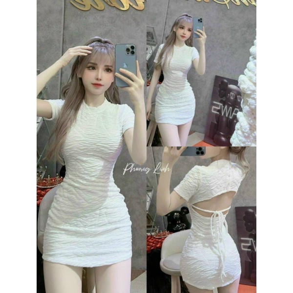 Đầm body cộc tay vạt bầu hở lưng cột dây