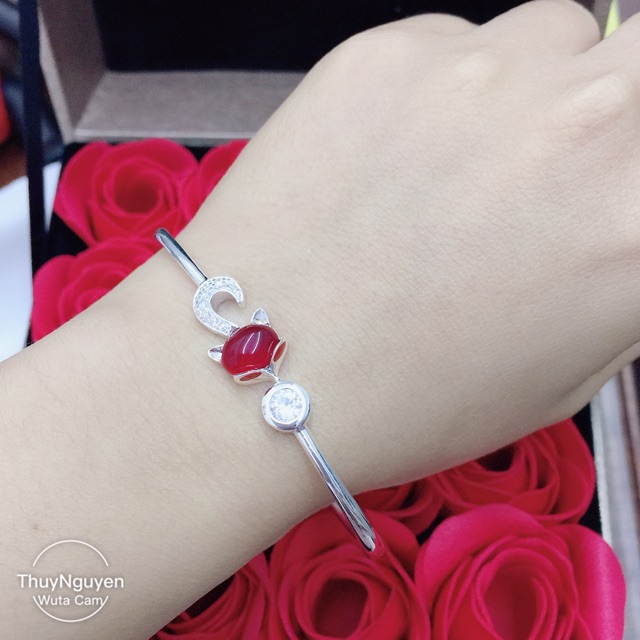 Vòng tay hồ ly đá đỏ nhân tạo bạc chuẩn mẫu dày dặn