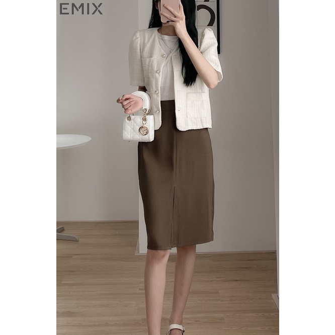 Chân váy dài xẻ giữa EMIX, chân váy midi dáng dài, cạp cao, form suông chữ A, xẻ chân, chất ruby cao cấp 182