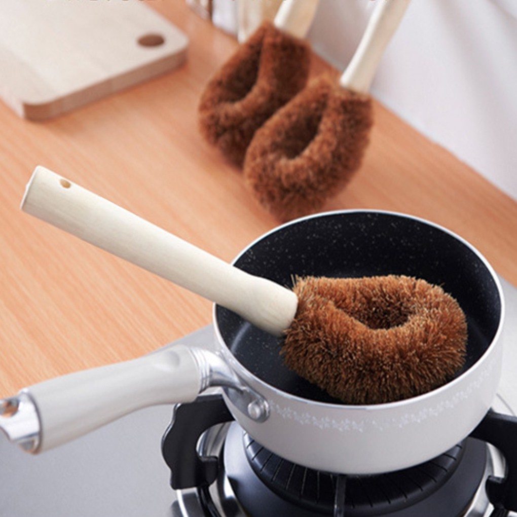 Đồ chà hình chén không dính dầu tay cầm dài làm bằng xơ dừa dùng cho việc dọn dẹp khử nhiễm nhà bếp