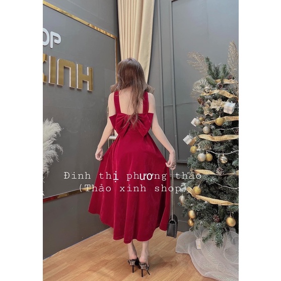 ĐẦM NHUNG MIDI CHOKER NƠ LƯNG