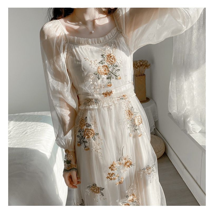 Đầm maxi dự dạ tiệc vải lưới thêu họa tiết phong cách cung điện Pháp thời trang mùa hè dành cho bạn nữ