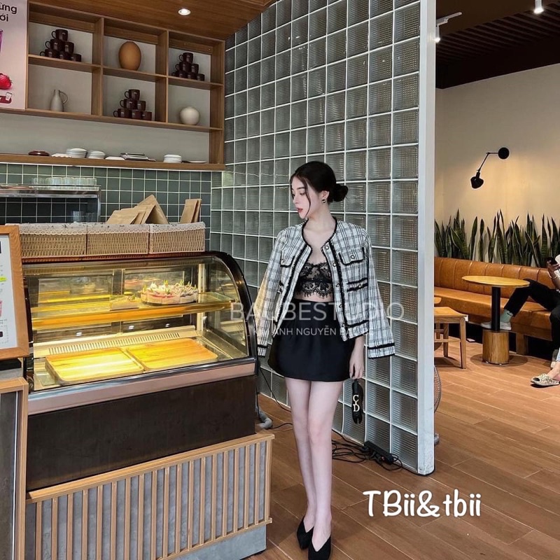 Áo khoác dạ hàn kẻ cao cấp kèm túi chuẩn Bầu Bé