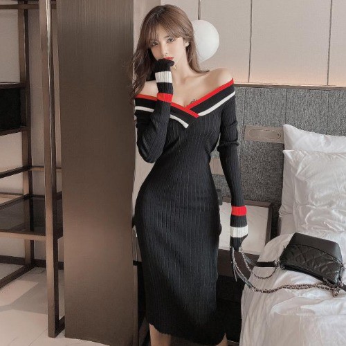 Đầm Len Tay Dài Cổ V Thời Trang Dành Cho Nữ