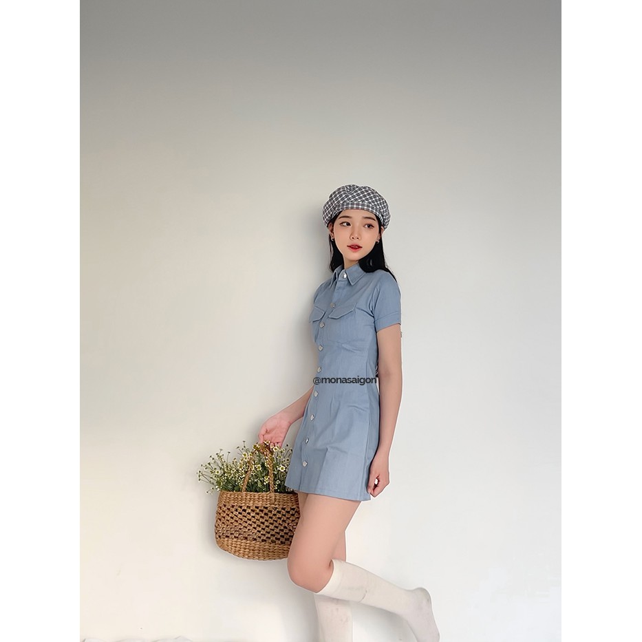 MONÁ - Đầm dáng suông cổ sơmi xanh blue jeans có túi - HEBE DRESS | BigBuy360 - bigbuy360.vn