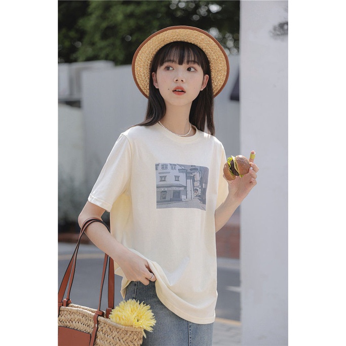 Áo Thun Ngắn Tay Cổ Tròn Dáng Rộng In Họa Tiết Đơn Giản Theo Phong Cách Hàn Quốc
