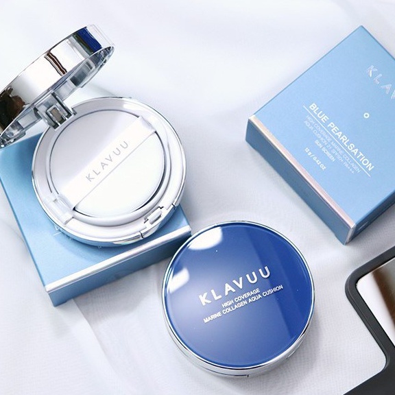 Phấn nước dưỡng ẩm Klavuu Blue Pearlsation High Coverage Marine Collagen Aqua Cushion (Xanh)