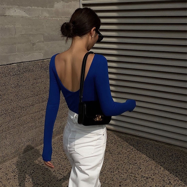 Áo Thun Tay Dài Hở Lưng Ôm Dáng Màu Trơn Dành Cho Nữ