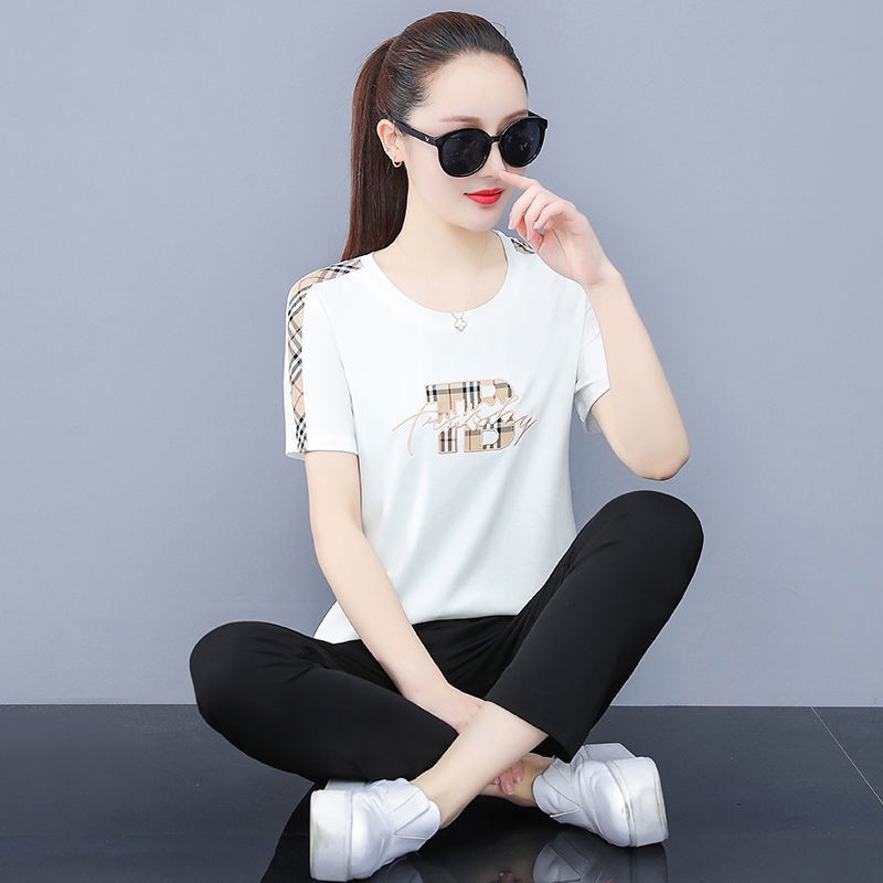 Bộ đồ thể thao cotton tinh khiết nữ xuân hè 2021 giảm béo cổ tròn áo thun hai mảnh thời trang giản dị