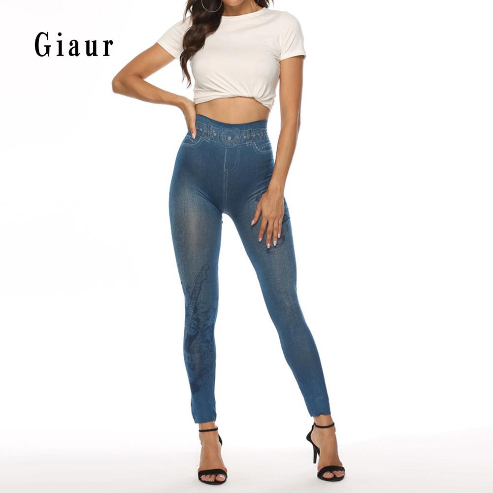 Quần legging giả jeans dáng ôm lưng cao quyến rũ cho nữ