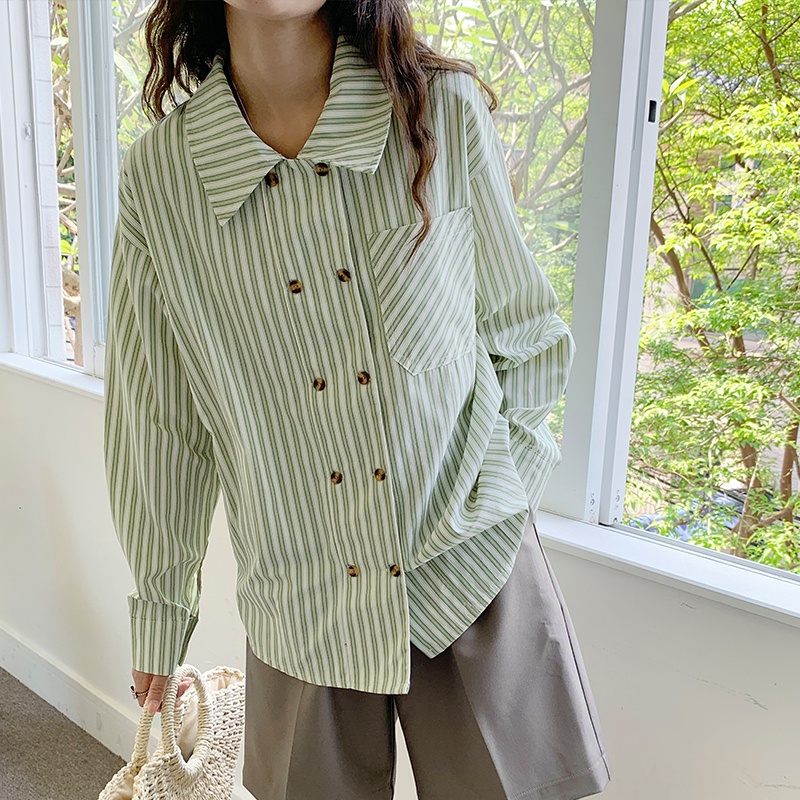 【ZHELIHANGFEI】Áo Sơ Mi Nữ Tay Dài Kẻ Sọc Thời Trang Thanh Lịch