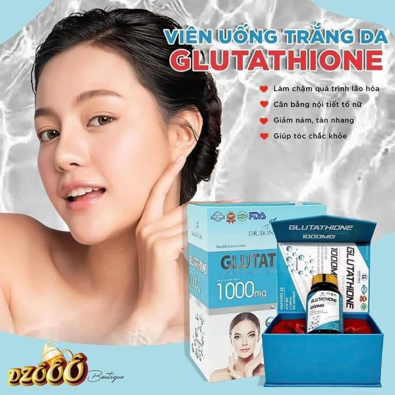 Trắng da GLUTATHIONE 1000  viên uống giảm nám mờ nhăn nâng tông tức thì. Hộp 30 viên