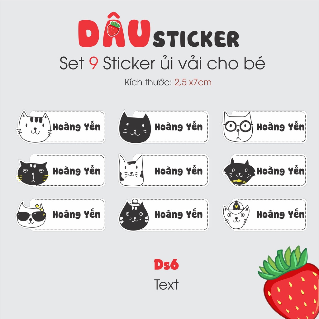 Ds6 - Sticker ủi tên bé theo yêu cầu mẫu con mèo dễ thương trắng đen