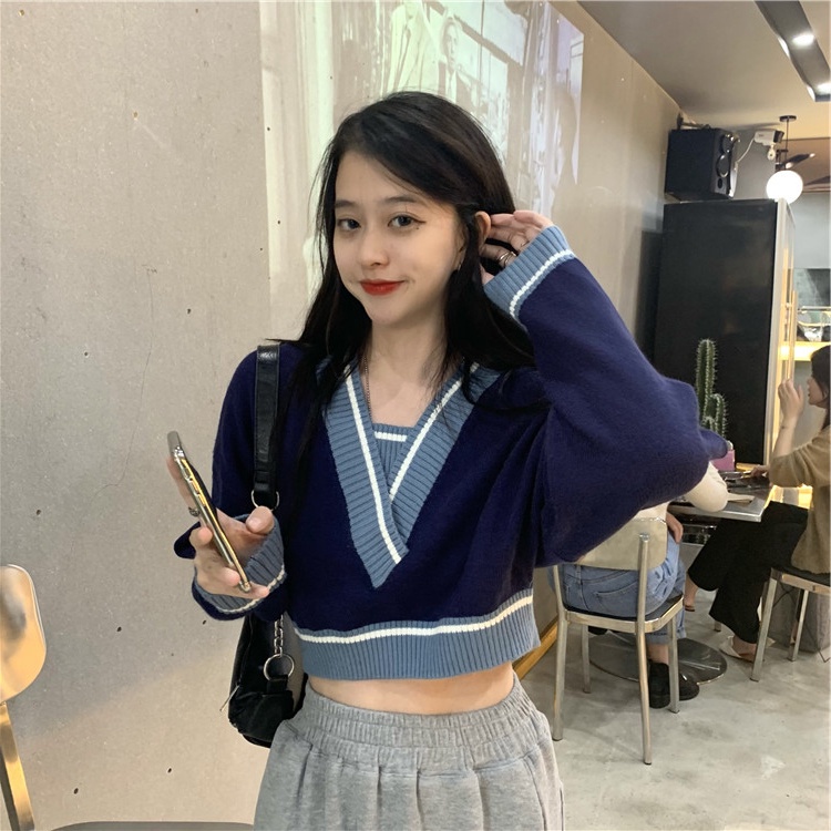 áo len Tay Dài Cổ Chữ V Dáng Rộng Họa Tiết Sọc Ngang Năng Động Theo Phong Cách Hàn Quốc Hợp Thời Trang