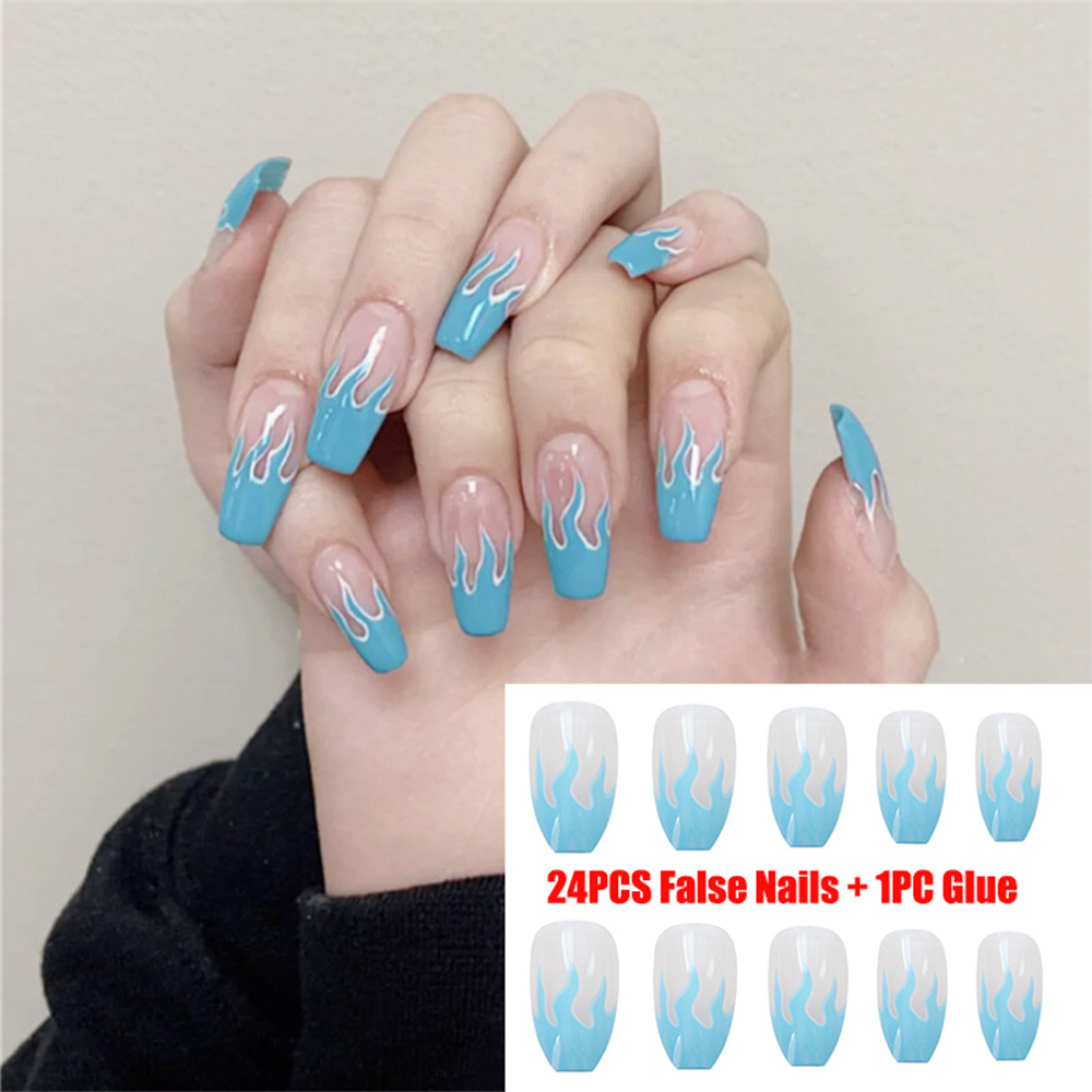Set 24 móng tay giả acrylic họa tiết xanh dương/tím xinh xắn