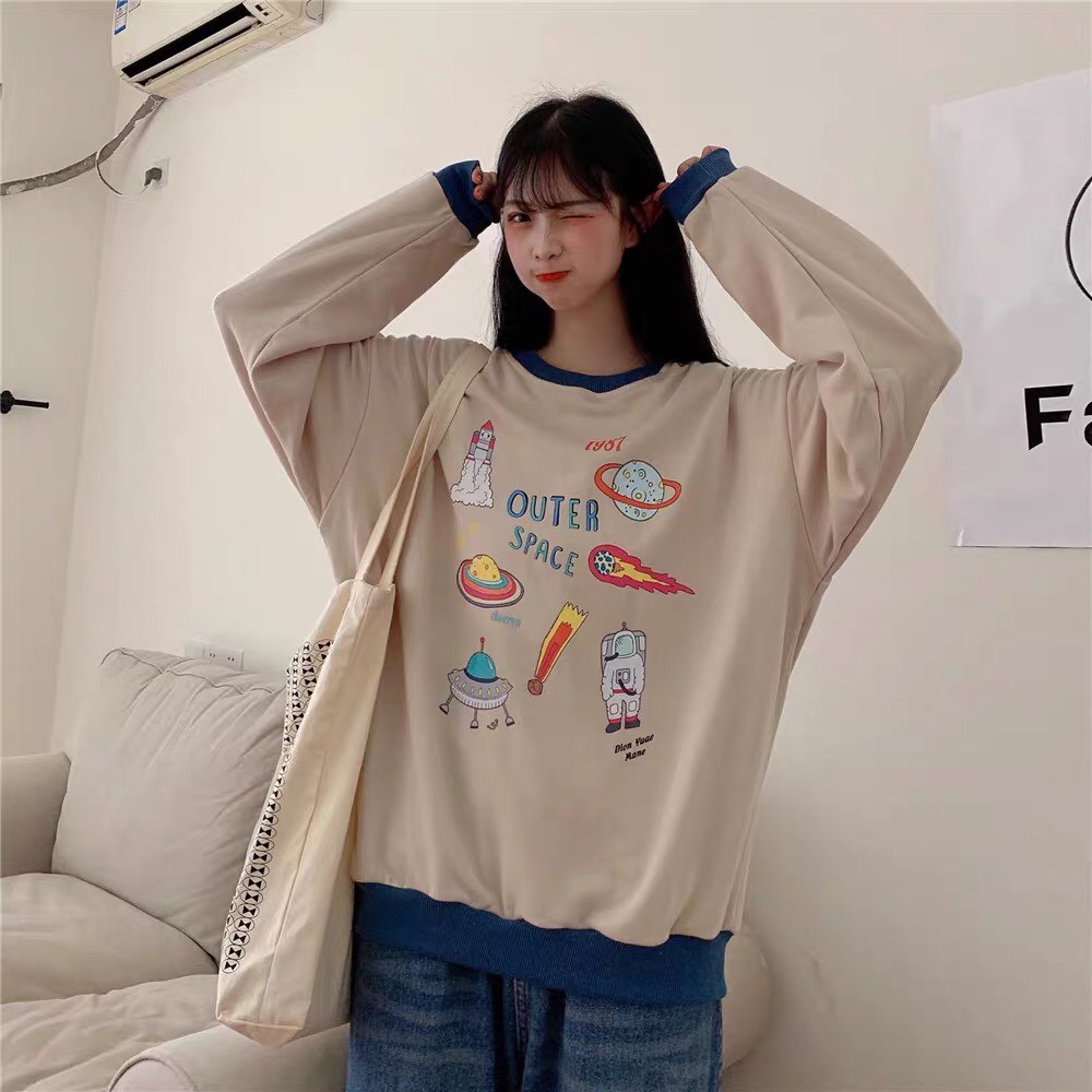 Áo sweater nỉ unisex form rộng phối 1987 Space nam nữ phong cách ulzzang Wind