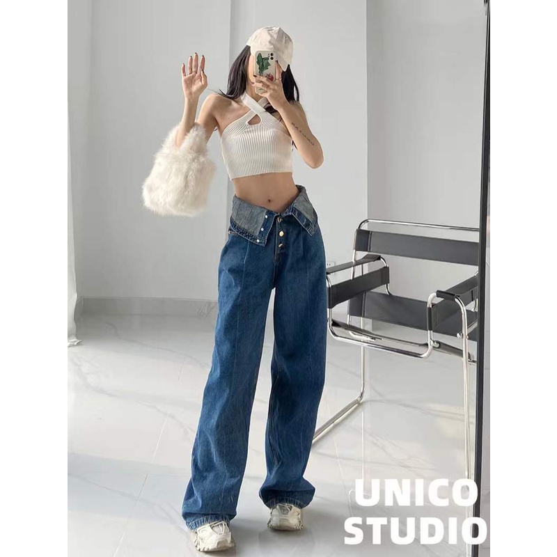 Wide leg European and American ins Street hot girl y2k waist flanging high waist loose straight ultra high waist mop denim trousers mxS8