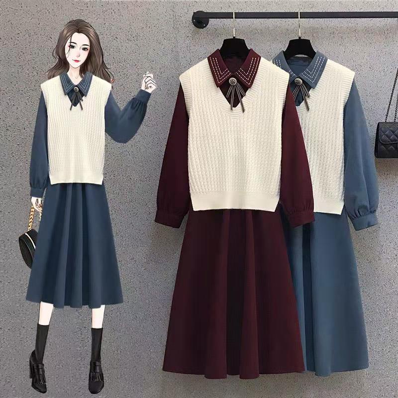 🌸Hàng Order🌸 Váy Đầm Bigsize Sét Váy Sơ Mi Cổ Đính Phụ Kiện Kèm Áo Gile Len Vặn Thừng Trẻ Trung Nữ Tính 🌸Hàng Quảng Châu